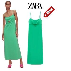 Zara green cutout spaghetti strap stretchy maxi dress Sz S NWT